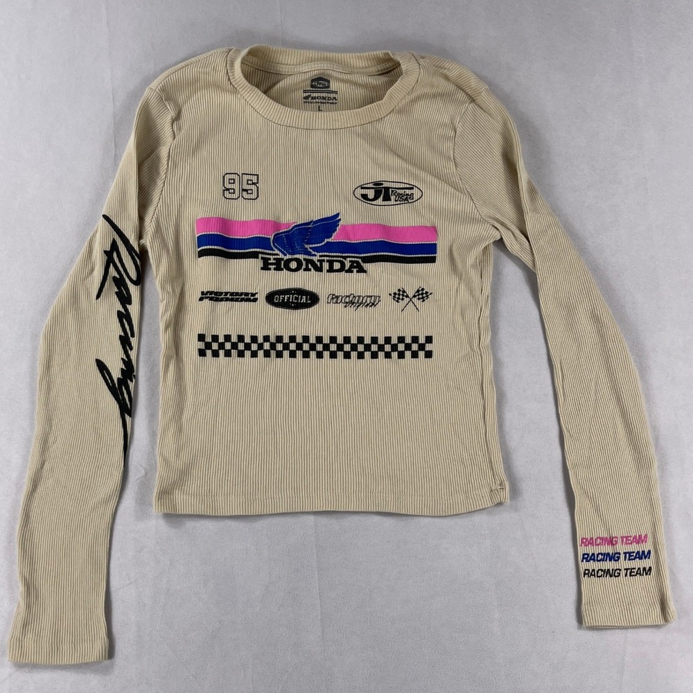Honda JT Racing Long Sleeve Ribbed Graphic Crop Top Tan Womens Size Large